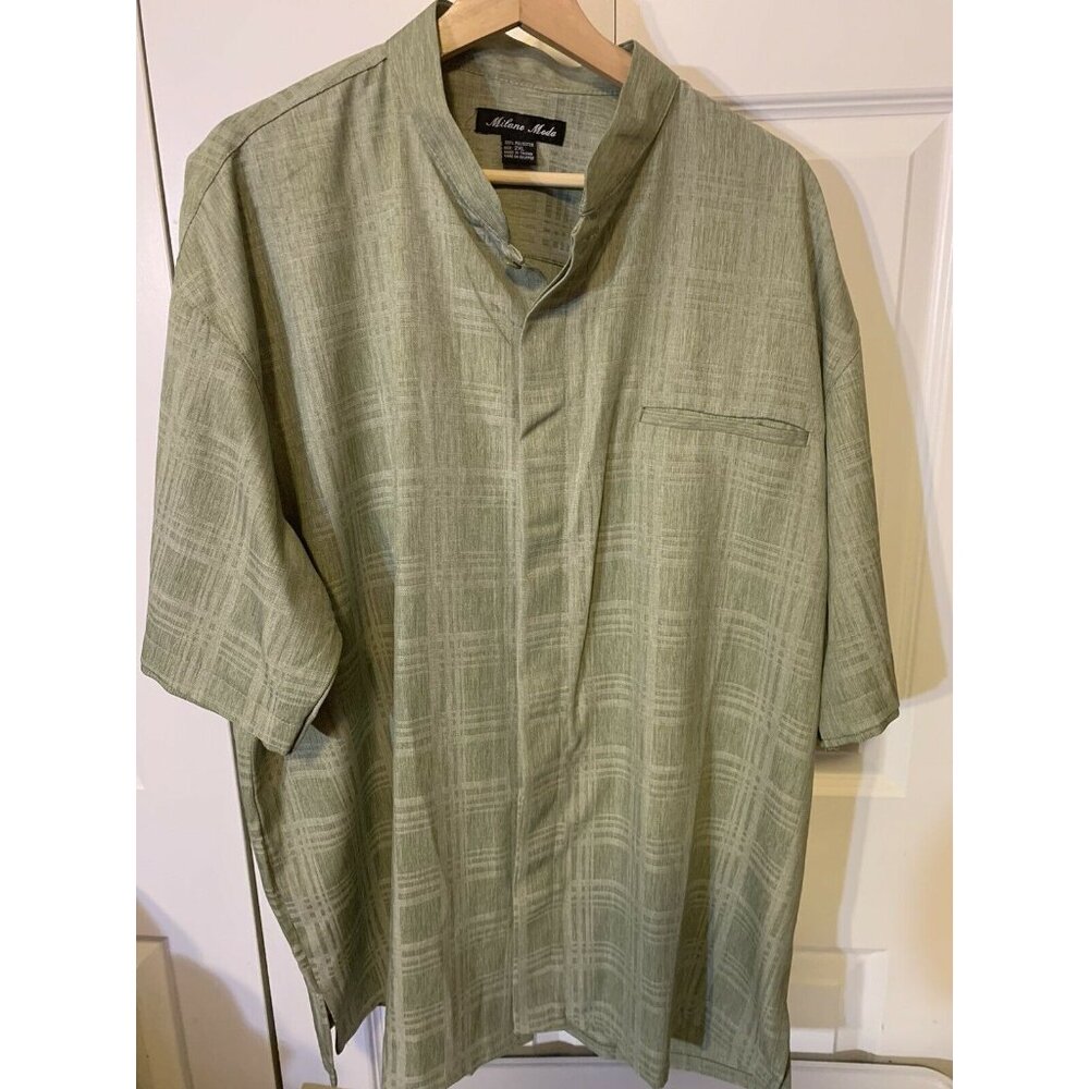 Milano Moda Men’s Sz 2XL Short Sleeve‎ Button Up Green Band Collar